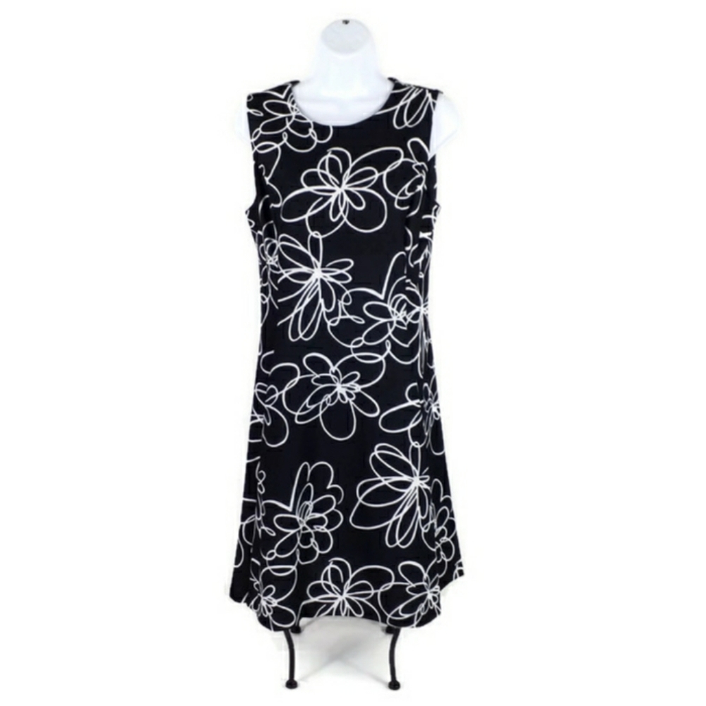 DKNY Black White Scribble Floral Print Sleeveless Fit & Flare Dress Womens 8